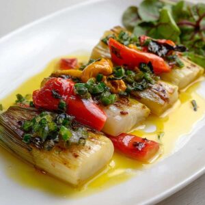 Puerros a la plancha con pimientos asados y vinagreta